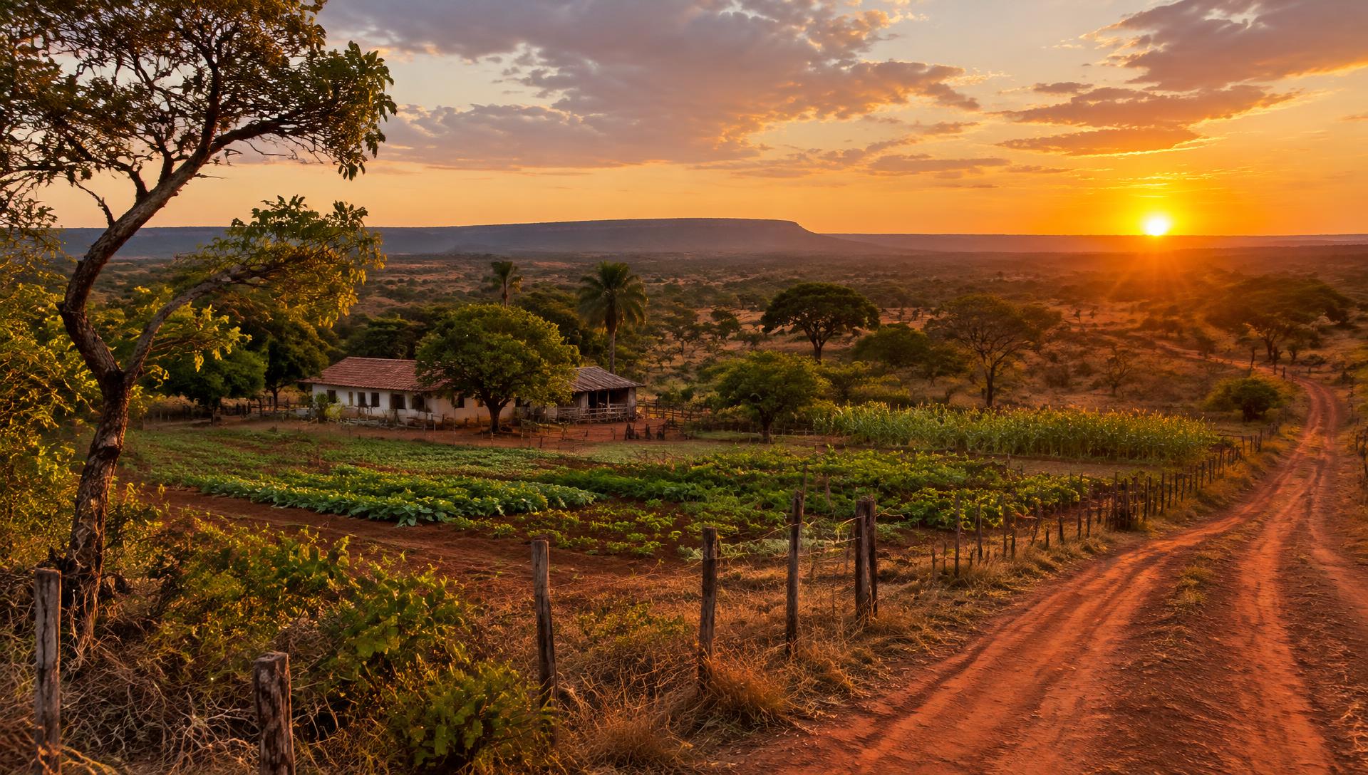 Paisagem rural do cerrado goiano ao pôr do sol com pequena propriedade familiar