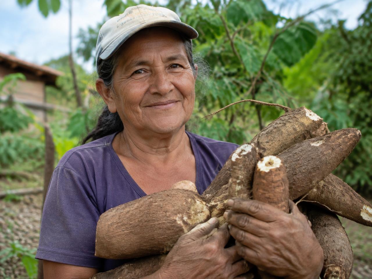 Agricultora familiar sorrindo com raízes de mandioca recém-colhidas