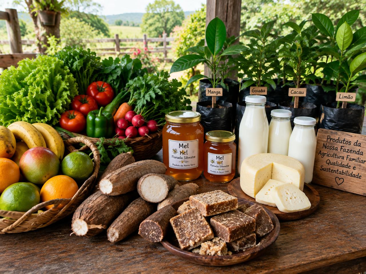 Produtos da agricultura familiar: hortaliças, frutas, mel, mandioca, rapadura, queijo, leite e mudas